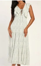 Lulus Romance In Bloom Floral Ruffled Tiered Midi Dress Medium Green