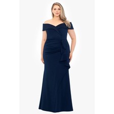 XSCAPE Patti Long Off the Shoulder Scuba Crepe Dress 22W Blue Midnight NWT