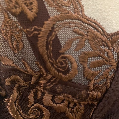 Vintage Silky Nylon Full Dress Slip Embroidery Chantilly Lace Medium Brown - Picture 9 of 19
