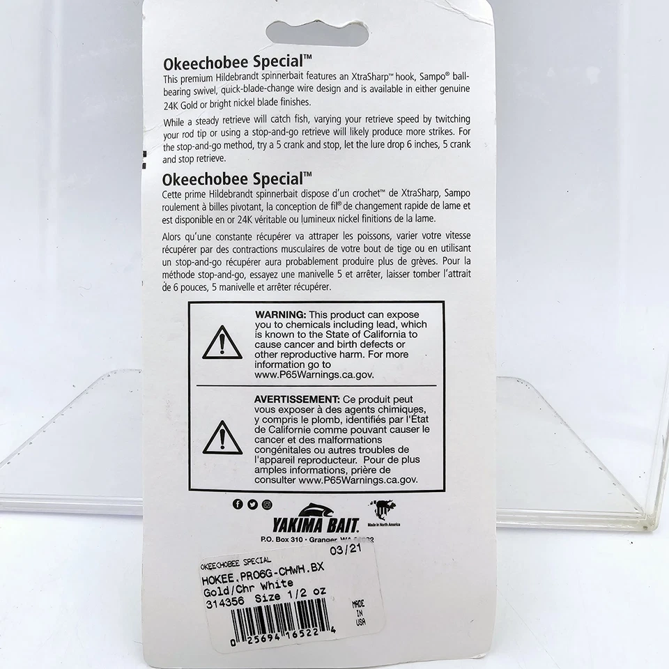 Hildebrandt 1/2 OZ Okeechobee Special Spinnerbait PRO6G Dorado/Gráfico Blanco Foto 3 de 4