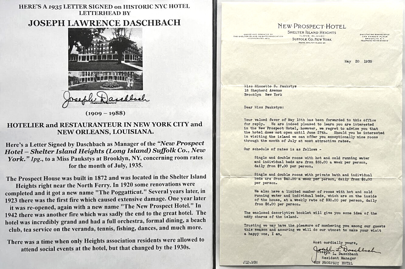 NEW PROSPECT HOTEL SHELTER ISLAND LONG ISLAND NY MGR DASCHBACH LETTER