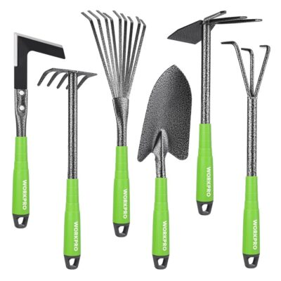 #ad WORKPRO 6pc Garden Tool Set Heavy Duty Rubber Handle Trowel Rakes Hoe Weeder $35.99