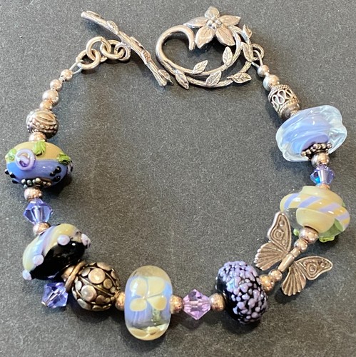 Vintage 925 Sterling & Murano Glass Bead Floral Butterfly Spring Charm Bracelet - 第 1/7 張圖片