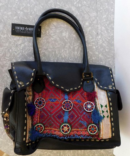 Vintage Addiction Black Leather & Vintage Fabric Laptop Tote Bag NWT OOAK New - Picture 3 of 10