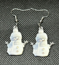 White Snowman Christmas Holiday Dangle Earrings Acrylic Stainless Steel