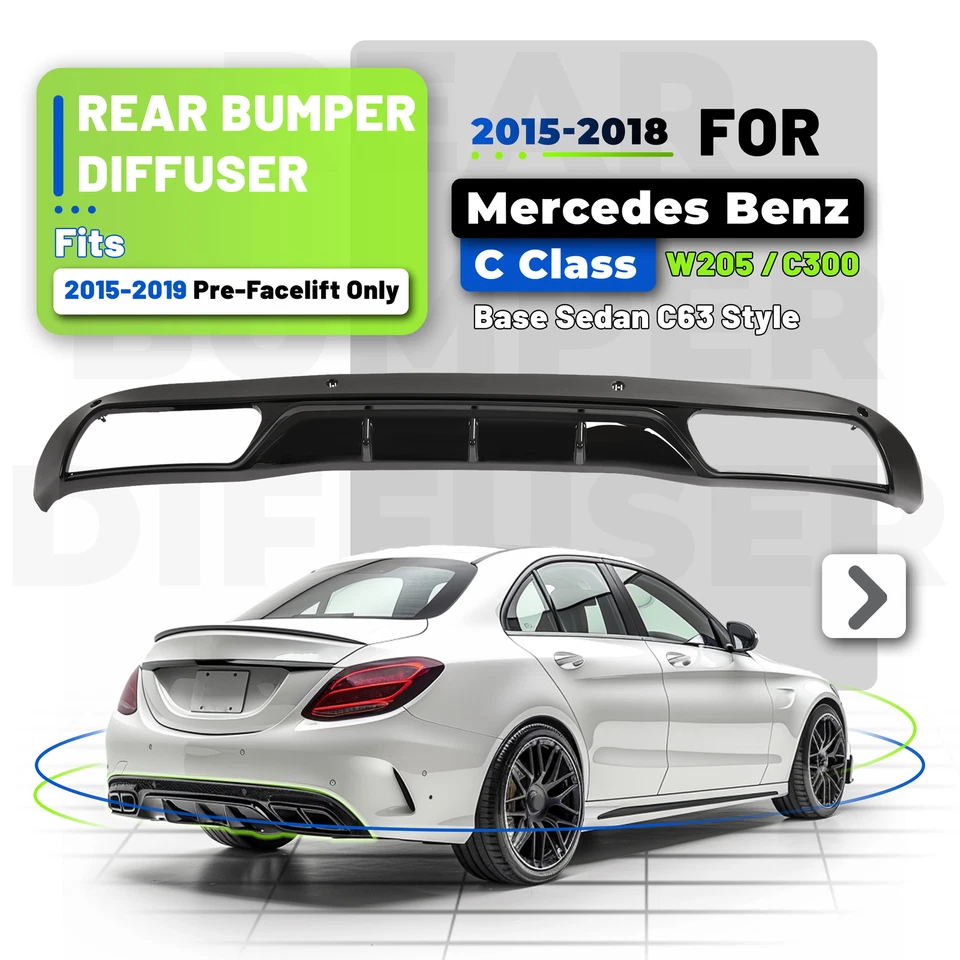 Fits Mercedes Benz W205 C300 2015-2018 Rear Diffuser W/Exhaust Tips Gloss Black - Image 2 of 4