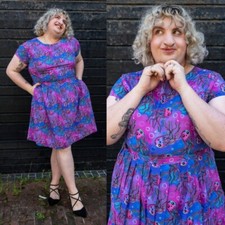 RUN AND FLY Jellyfish Print Cotton Tea Dress 8-26 Pockets Quirky Alt Purple Vtg