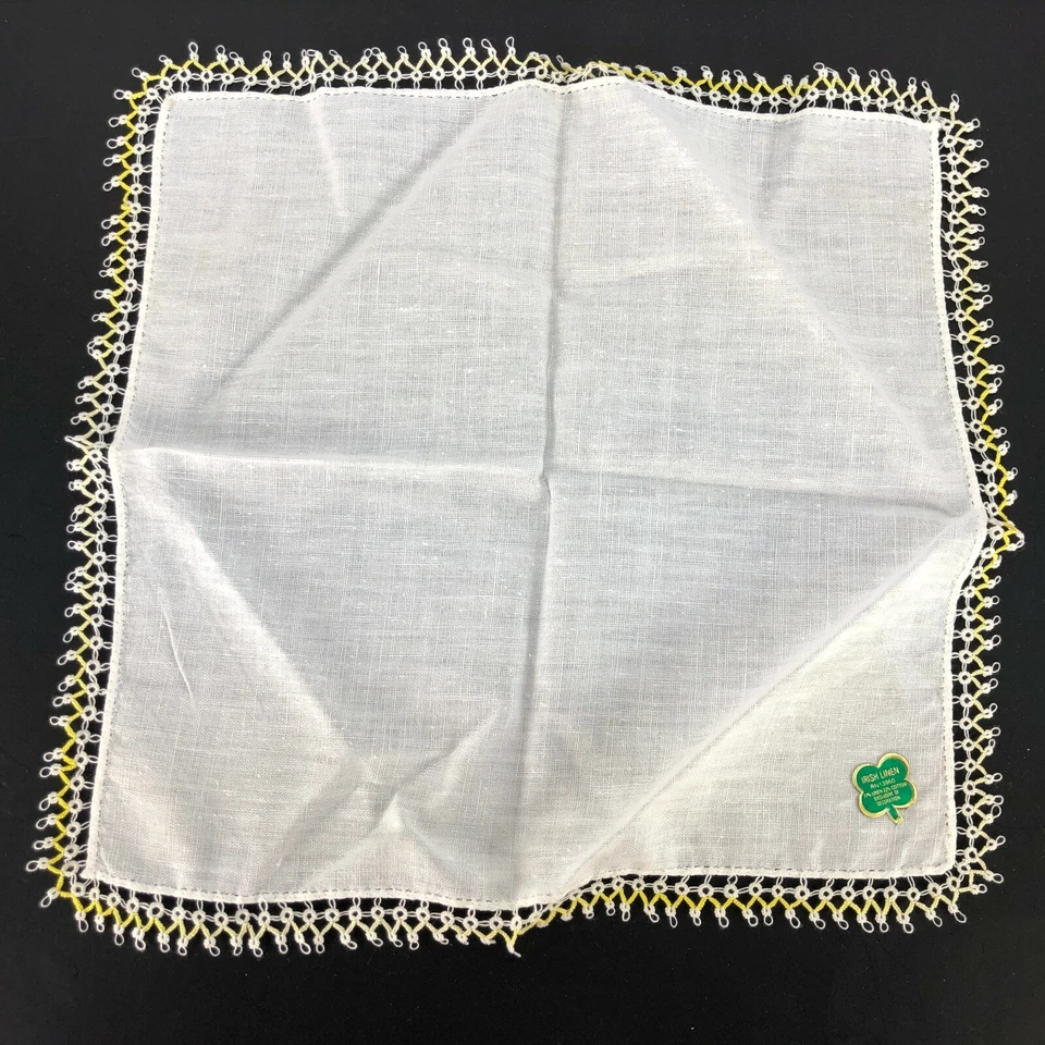 Pañuelo Vintage Pañuelo Irlandés Lino Mezcla de Encaje Borde de Algodón Amarillo Blanco Nuevo de Lote Antiguo Foto 3 de 4