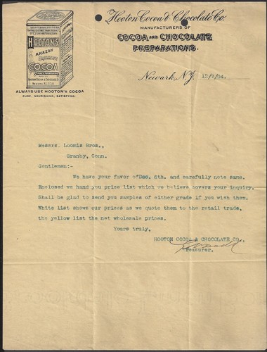 NEWARK, NJ ~ HOOTON COCOA & CHOCOLATE Co. ~ ILLUSTRATED LETTERHEAD 1904