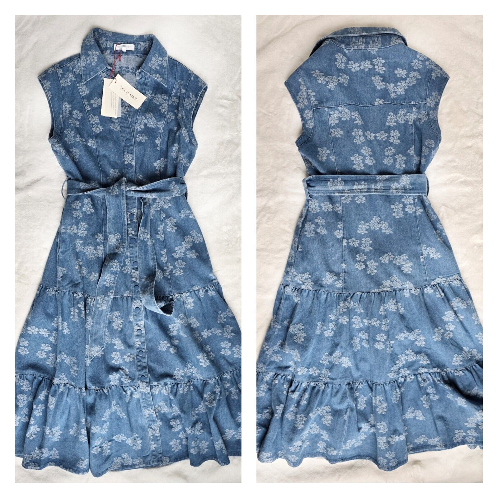 SOLITAIRE Denim Tiered Blue Floral Belted Midi Dress Pockets Cap Sleeve Sz M NWT