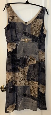 Vintage Size 12  John Roberts Dress Sleeveless - 80s Denim Patchwork Look Floral