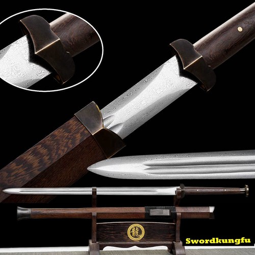 Mango de Madera Han Jian Chino KUNGFU Sable Doble Borde Espada Afilada Doblada Acero - Imagen 1 de 9