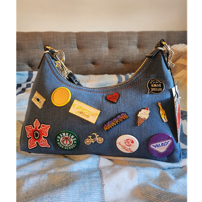 Aldo Stranger Things Shoulder Bag Blue Patchwork with Pins, Patches & Bag Charm