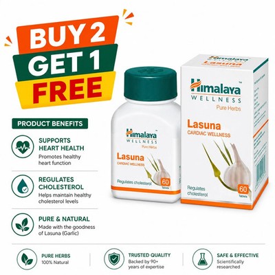 Himalaya Lasuna (60 Tablets Each ) | Buy 2 Get 1 Free | Herbal Heart Support |