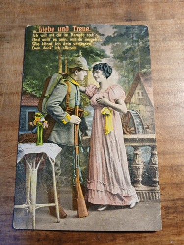 Postkarte PK LIEBE UND TREUE Soldat Feldpost 1. WK Militaria gelaufen antik