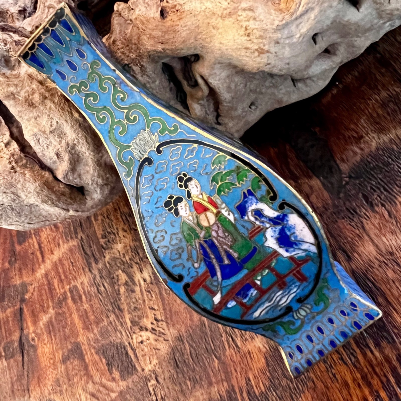 Antique Mini  Chinese Cloisonné Vase With Hand-Painted Scenic Motifs & Blue Enam