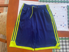 Boy's Adidas Athletic Shorts Blue with Bright Green Stripes, Size Large 14/16
