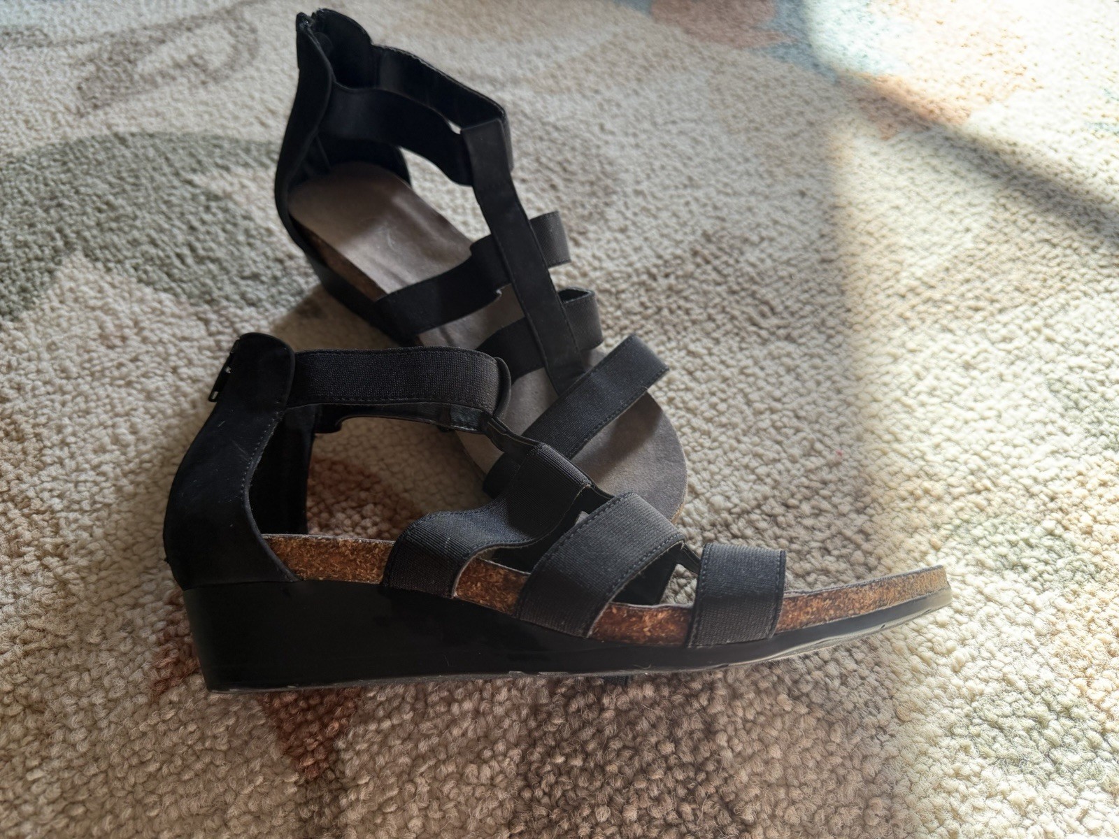 OK Black Solid Pattern Strappy Wedge Sandals Zip … - image 2