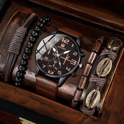 5PCS Men s Quartz Watch Set Big Dial Brown Leather Sports Casual Wrist Watch
