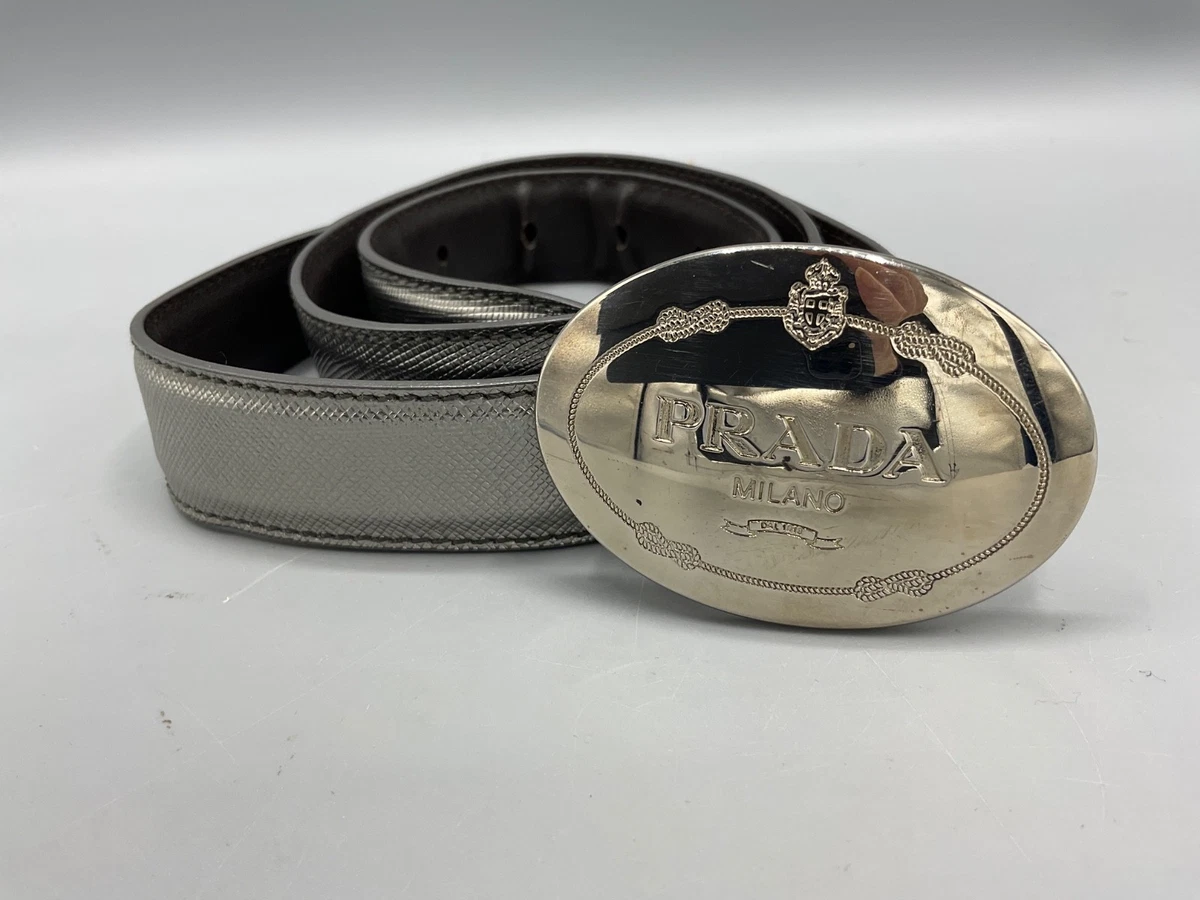 Prada Gray/Bronze Leather Belt with Silver Oval Logo Buckle Prada Mens Navy Saffiano Leather Belt Silver Oval Buckle  main image 2