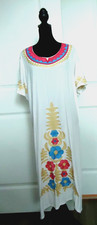 Vtg Handmade Boho Mexican Hand Embroidered Floral Dress White Cotton Siz-L/XL