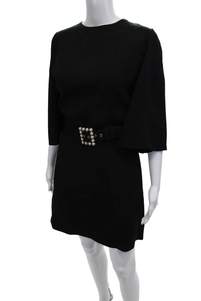 Andrew Gn Women Mini Shift Dress Black Buckle Crew Neck 3/4 Sleeve Size 40 - Image 2 of 4