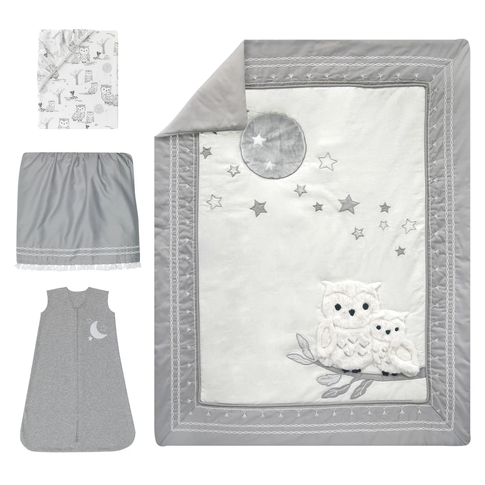 Juego de ropa de cama para cuna de bebé Lambs & Ivy Luna blanco/gris búho celestial de 4 piezas Foto 2 de 4
