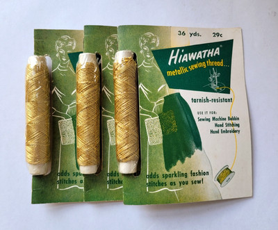 3 NEW VTG Hiawatha Gold Metallic Sewing Thread 36 Yards Each 11 Page Booklet