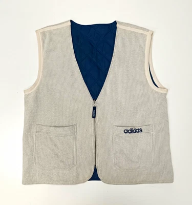 adidas Vintage Herren Wende-Weste S beige/blau Cord gesteppt Reißverschluss Logo - Bild 1 von 4