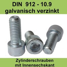 M10 DIN 912 10.9 galv. verzinkt Zylinderschraube Innensechskant Kopf ISO 4762 