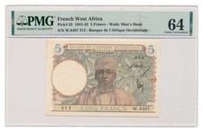 FRENCH WEST AFRICA banknote 5 Francs 22.4.1942 PMG MS 64