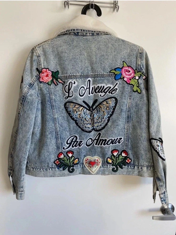 Patch fatte a mano giacca jeans unica con pelliccia sintetica all'interno in stile Gucci M