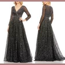NWT Mac Duggal [ 10 ] 20372 Embellished Long Sleeve V Neck Gown Graphite S1245