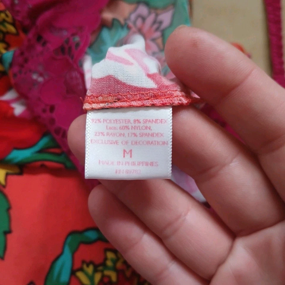 Josie Natori Orange & Pink Lace Trim Floral Slip Dress Medium Sexy Nightie - Image 4 of 4