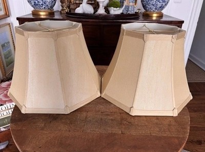 Pair Of Vintage Nubby Raw Silk Almond Colored Hexagon Shades 18  Wide 12  Tall