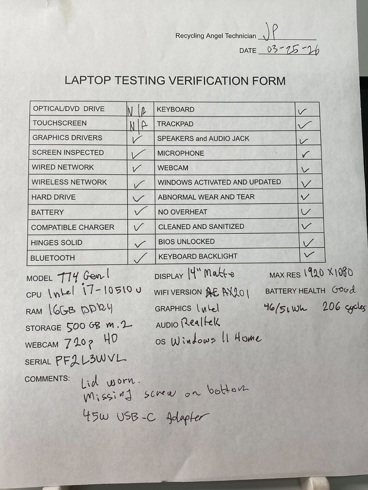 Lenovo ThinkPad T14, 14-Inch Laptop, with Intel Core i5 10th Gen., none SSD (Solid State Drive), Windows 11 Home