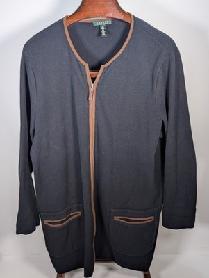 Lauren Ralph Lauren black cotton zip front pocket cardigan brown trim SZ. 3XL