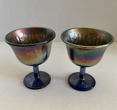 Vintage Fenton Blue Ribbed Holly Carnival Glass Compotes - Set of 2