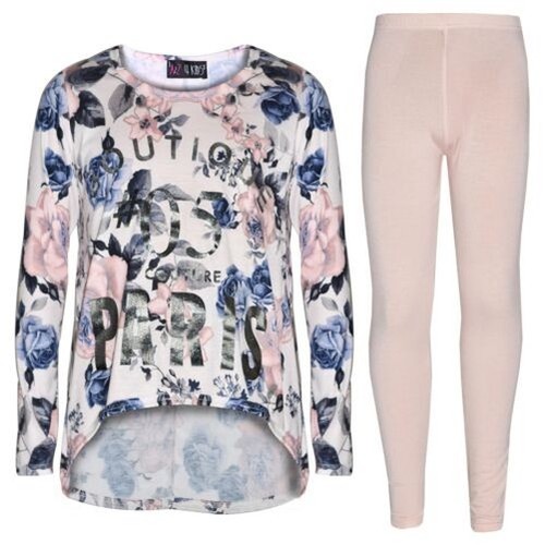 Kinder Paris Druck Langarm Blumen T-Shirt Top Leggings Set Mädchen Alter 7-13 Jahre
