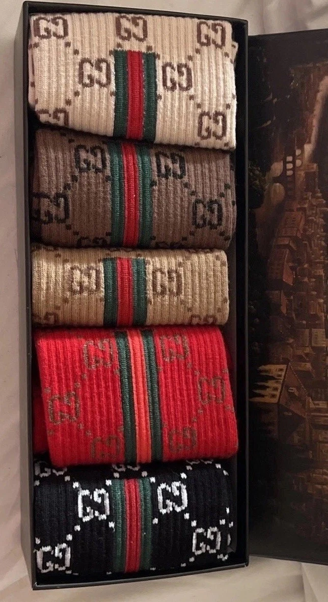 Gucci GG Logo Variety 5 Gift Boxed Socks Beige,Brown,Tan, Red,Black Size6-8M NIB