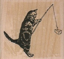 Kitty Fishin' 2 1/2 x 2" Rubber Stamp, Cat Stamp, Funny Cat, Cute Cat Stamp
