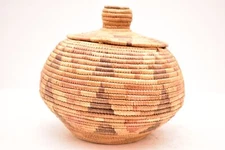 Antique NATIVE American INUIT Yupik Lidded Coiled ALASKA ESKIMO WOVEN BASKET 7"
