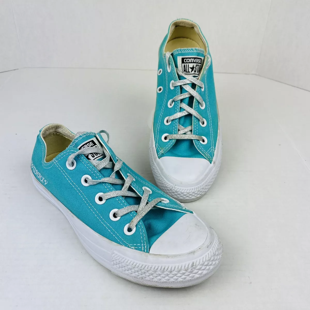 kunst Overskyet terrorist Converse All Star Low Top Womens 6 Mens 4 Shoes Turquoise Blue Silver  Embroidery | eBay