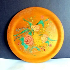 Hand Painted Toleware Tray Solid Wood 16" Flowers Vintage Signed 1950s FREE SH