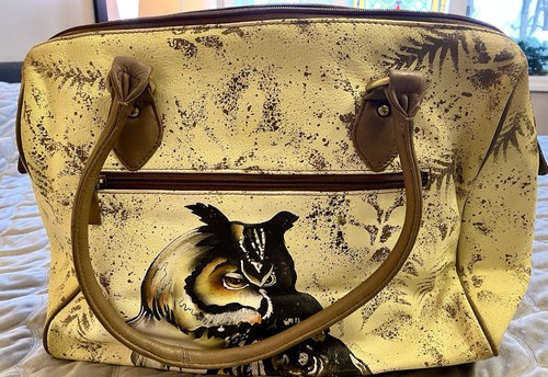 Sukriti Genuine Leather Hand Painted Large Purse Handbag Yellow, Owl Theme NWT - Picture 7 of 12