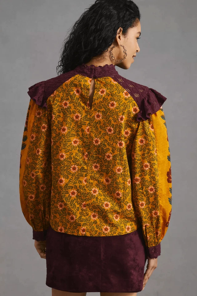 Anthropologie Farm Rio Ruffled Blouse Floral Printed Top Embroidered Lace M NWT - Image 2 of 4