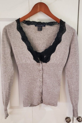 Boston Proper cardigan sweater set grey and black lace XS
