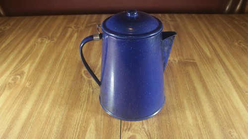 Camping Style Coffee Pot Blue Enamel w/White Spray