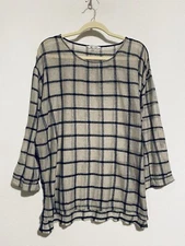 John Mark Top Womens Large Windowpane Tunic Roll Tab 3/4 Sleeve Sheer Lagenlook