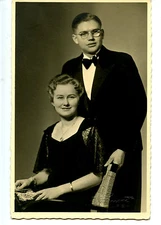 Pretty Lady w/ Purse-Young Man-Guben Germany-RPPC-Vintage Real Photo Postcard